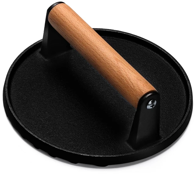 Main image of Burger Press, 7" Round Heavy-Duty Cast Iron Smash Bacon Press Meat Steak with Wood Handle for Griddle, Sandwich, Nonstick Pan