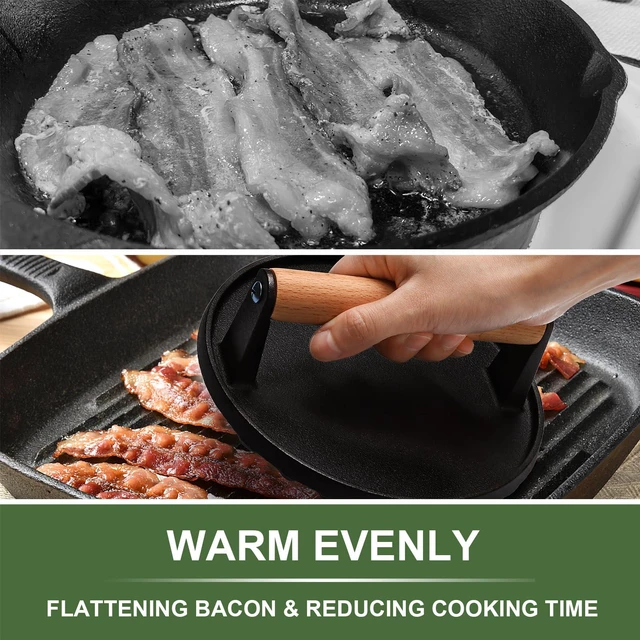 Alt view image 5 of 7 - Burger Press, 7" Round Heavy-Duty Cast Iron Smash Bacon Press Meat Steak with Wood Handle for Griddle, Sandwich, Nonstick Pan