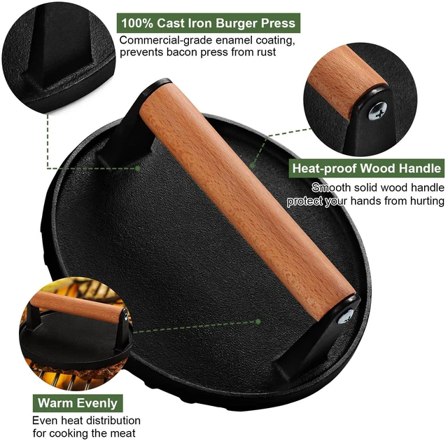Alt view image 3 of 7 - Burger Press, 7" Round Heavy-Duty Cast Iron Smash Bacon Press Meat Steak with Wood Handle for Griddle, Sandwich, Nonstick Pan