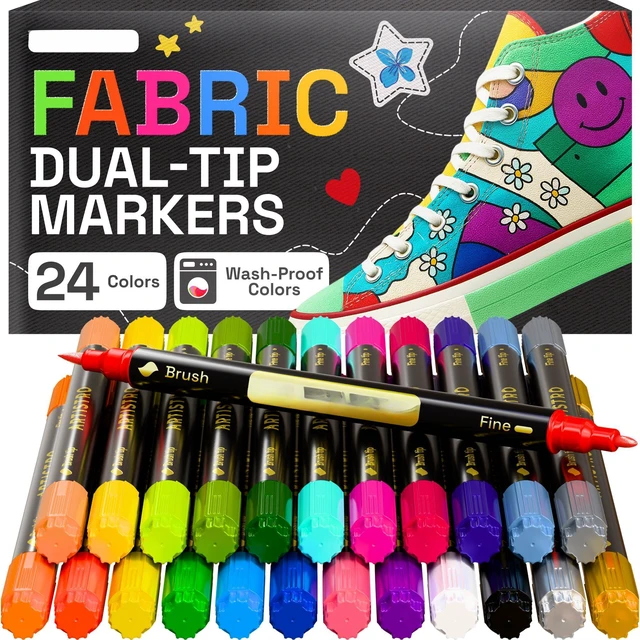 Main image of 24 Dual-Tip Fabric Markers Decorating Kit, Permanent for Clothes | Brush & Fine Tip, Acrylic Paint Pens for Sneakers, Bags, Shoes, Textiles, Canvas, Sewing, Craft, & DIY