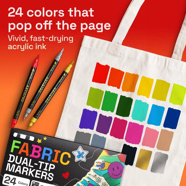 Alt view image 3 of 7 - 24 Dual-Tip Fabric Markers Decorating Kit, Permanent for Clothes | Brush & Fine Tip, Acrylic Paint Pens for Sneakers, Bags, Shoes, Textiles, Canvas, Sewing, Craft, & DIY