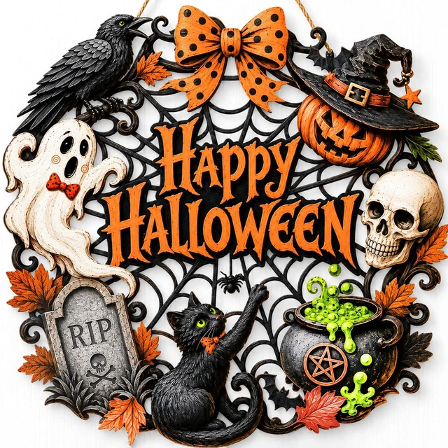 Main image of Halloween Door Decorations, Wooden Black Cat Pumpkin Wreath for Front Door | Happy Halloween Hanging Decoration for Outdoor Indoor Wall, Entryway, Porch, Home Party and Farmhouse Display