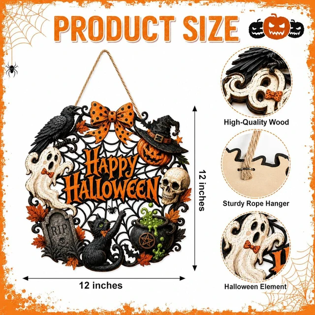 Alt view image 2 of 7 - Halloween Door Decorations, Wooden Black Cat Pumpkin Wreath for Front Door | Happy Halloween Hanging Decoration for Outdoor Indoor Wall, Entryway, Porch, Home Party and Farmhouse Display