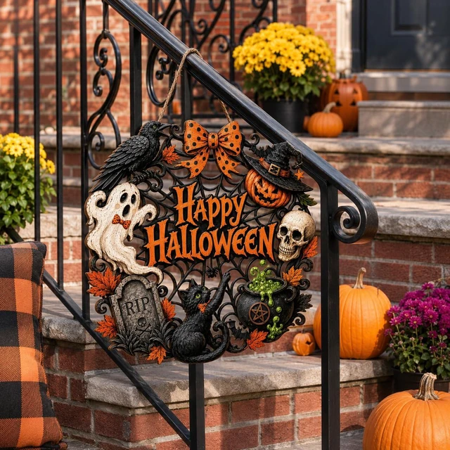 Alt view image 4 of 7 - Halloween Door Decorations, Wooden Black Cat Pumpkin Wreath for Front Door | Happy Halloween Hanging Decoration for Outdoor Indoor Wall, Entryway, Porch, Home Party and Farmhouse Display