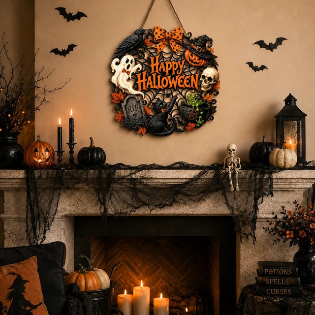 Alt view image 5 of 7 - Halloween Door Decorations, Wooden Black Cat Pumpkin Wreath for Front Door | Happy Halloween Hanging Decoration for Outdoor Indoor Wall, Entryway, Porch, Home Party and Farmhouse Display