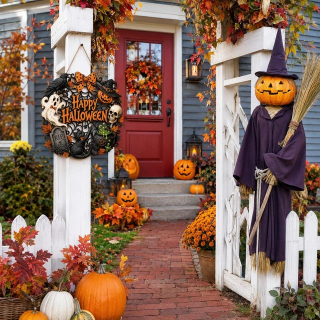 Alt view image 3 of 7 - Halloween Door Decorations, Wooden Black Cat Pumpkin Wreath for Front Door | Happy Halloween Hanging Decoration for Outdoor Indoor Wall, Entryway, Porch, Home Party and Farmhouse Display