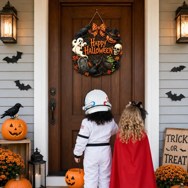 Alt view image 7 of 7 - Halloween Door Decorations, Wooden Black Cat Pumpkin Wreath for Front Door | Happy Halloween Hanging Decoration for Outdoor Indoor Wall, Entryway, Porch, Home Party and Farmhouse Display