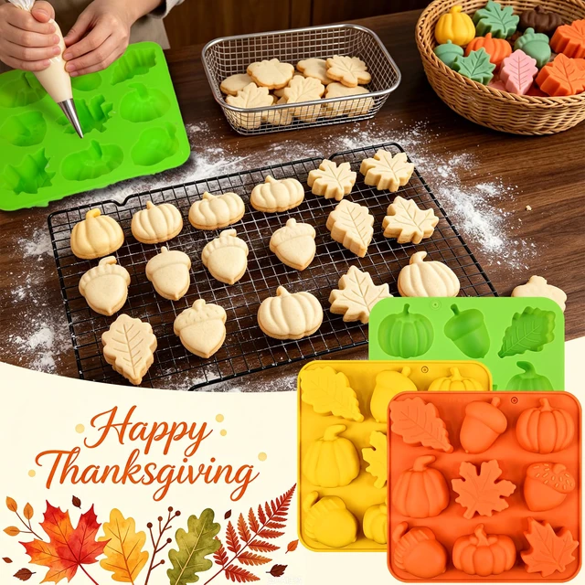 Alt view image 6 of 6 - Fall Silicone Molds, Autumn Molds 3 Pack Silicone Pumpkin Thanksgiving Mold Fall Theme Molds Pumpkin Maple Leaf Acorn Moulds for Chocolate Candy Ice Cube Soap Candle for Harvest Thanksgiving Halloween