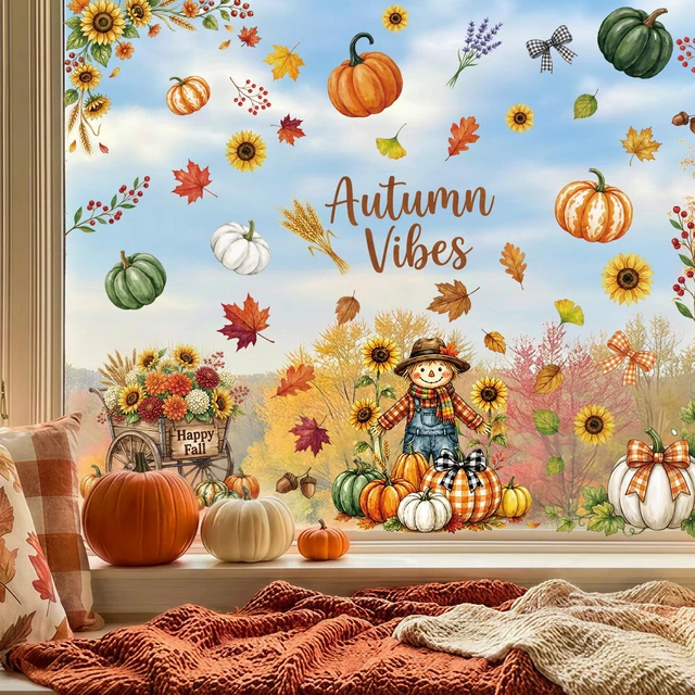 Alt view image 3 of 6 - Fall Window Clings Decor Autumn Harvest Thanksgiving Decorations Stickers | 9 Sheets Leaf Pumpkin Scarescow Fall Y'all Truck Decals For Home Office Classroom Indoor Party Cute Festive Holiday Clings