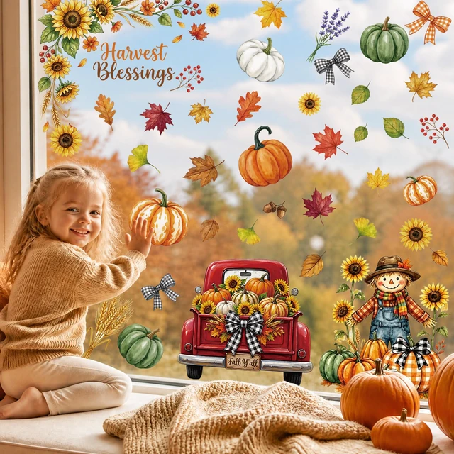 Alt view image 4 of 6 - Fall Window Clings Decor Autumn Harvest Thanksgiving Decorations Stickers | 9 Sheets Leaf Pumpkin Scarescow Fall Y'all Truck Decals For Home Office Classroom Indoor Party Cute Festive Holiday Clings