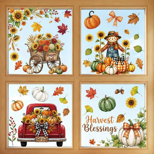 Alt view image 6 of 6 - Fall Window Clings Decor Autumn Harvest Thanksgiving Decorations Stickers | 9 Sheets Leaf Pumpkin Scarescow Fall Y'all Truck Decals For Home Office Classroom Indoor Party Cute Festive Holiday Clings