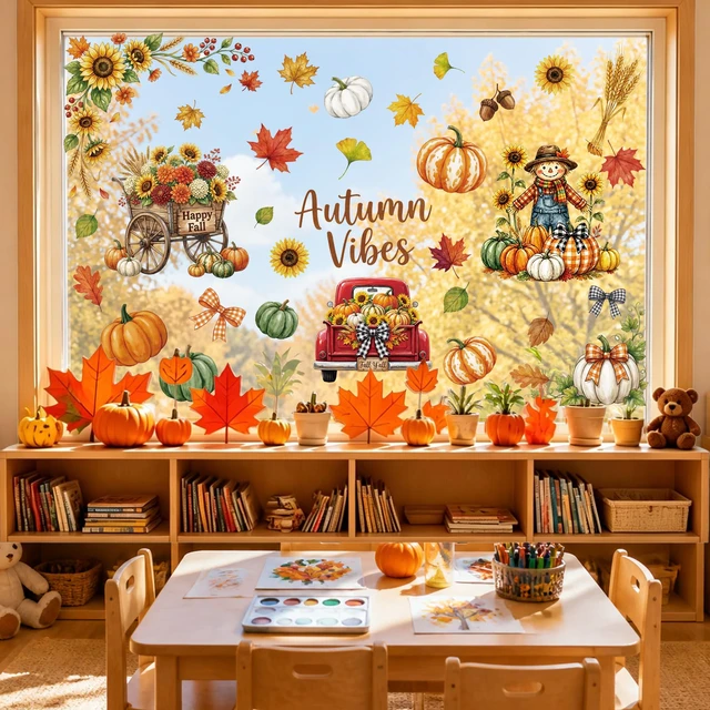 Alt view image 5 of 6 - Fall Window Clings Decor Autumn Harvest Thanksgiving Decorations Stickers | 9 Sheets Leaf Pumpkin Scarescow Fall Y'all Truck Decals For Home Office Classroom Indoor Party Cute Festive Holiday Clings