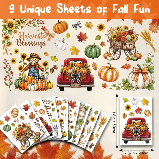 Alt view image 2 of 6 - Fall Window Clings Decor Autumn Harvest Thanksgiving Decorations Stickers | 9 Sheets Leaf Pumpkin Scarescow Fall Y'all Truck Decals For Home Office Classroom Indoor Party Cute Festive Holiday Clings