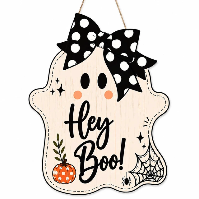Main image of Halloween Party Decorations - Hey Boo Wooden Ghost Sign for Front Door | Cute Ghost Halloween Garland Wood Wreaths Door Sign Decor- Halloween Party Favors Supplies for Home Wall Decor