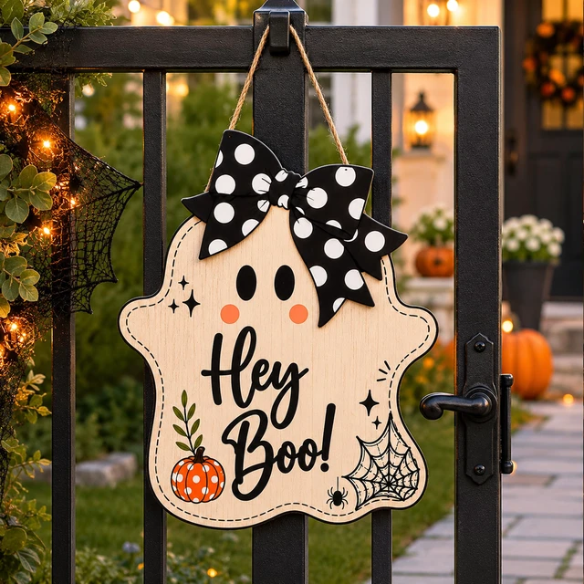 Alt view image 2 of 7 - Halloween Party Decorations - Hey Boo Wooden Ghost Sign for Front Door | Cute Ghost Halloween Garland Wood Wreaths Door Sign Decor- Halloween Party Favors Supplies for Home Wall Decor