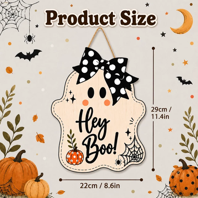 Alt view image 3 of 7 - Halloween Party Decorations - Hey Boo Wooden Ghost Sign for Front Door | Cute Ghost Halloween Garland Wood Wreaths Door Sign Decor- Halloween Party Favors Supplies for Home Wall Decor