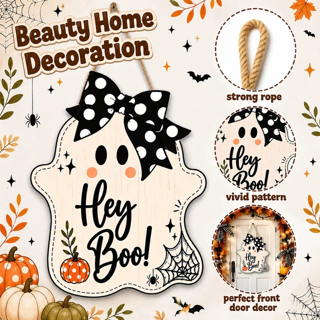 Alt view image 4 of 7 - Halloween Party Decorations - Hey Boo Wooden Ghost Sign for Front Door | Cute Ghost Halloween Garland Wood Wreaths Door Sign Decor- Halloween Party Favors Supplies for Home Wall Decor