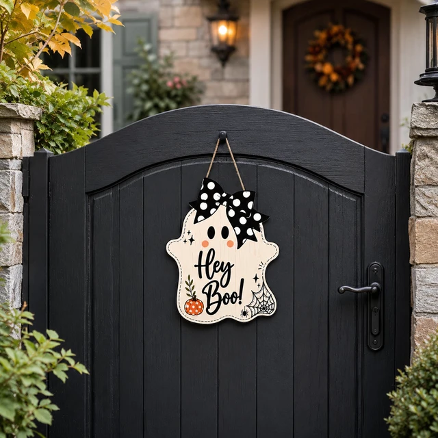 Alt view image 7 of 7 - Halloween Party Decorations - Hey Boo Wooden Ghost Sign for Front Door | Cute Ghost Halloween Garland Wood Wreaths Door Sign Decor- Halloween Party Favors Supplies for Home Wall Decor