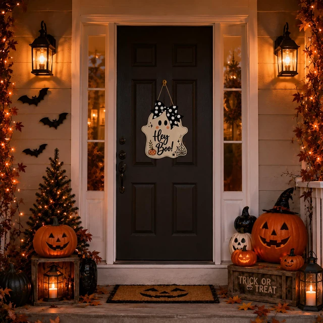 Alt view image 6 of 7 - Halloween Party Decorations - Hey Boo Wooden Ghost Sign for Front Door | Cute Ghost Halloween Garland Wood Wreaths Door Sign Decor- Halloween Party Favors Supplies for Home Wall Decor