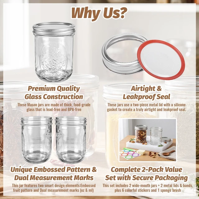 Alt view image 2 of 7 - 16 oz Wide Mouth Mason Jars 2-Pack with Embossing Pattern & Volume Marks | Glass Canning Storage Jars with Airtight Lids Durable & Leakproof for Yogurt,Overnight Oats,Crafts,Pickling,Wedding Favors