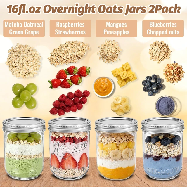 Alt view image 3 of 7 - 16 oz Wide Mouth Mason Jars 2-Pack with Embossing Pattern & Volume Marks | Glass Canning Storage Jars with Airtight Lids Durable & Leakproof for Yogurt,Overnight Oats,Crafts,Pickling,Wedding Favors