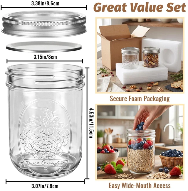 Alt view image 5 of 7 - 16 oz Wide Mouth Mason Jars 2-Pack with Embossing Pattern & Volume Marks | Glass Canning Storage Jars with Airtight Lids Durable & Leakproof for Yogurt,Overnight Oats,Crafts,Pickling,Wedding Favors