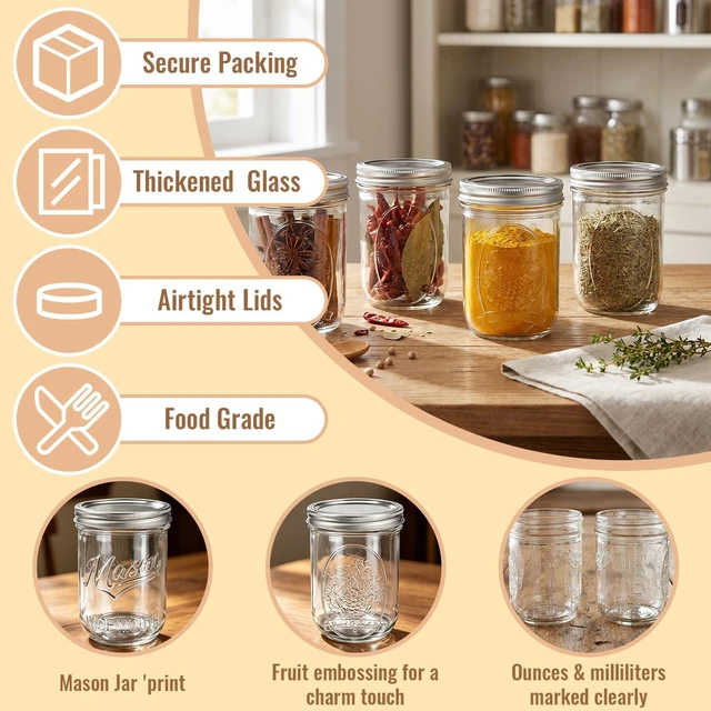 Alt view image 7 of 7 - 16 oz Wide Mouth Mason Jars 2-Pack with Embossing Pattern & Volume Marks | Glass Canning Storage Jars with Airtight Lids Durable & Leakproof for Yogurt,Overnight Oats,Crafts,Pickling,Wedding Favors