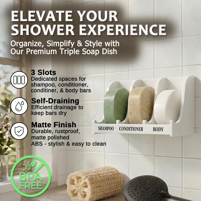 Alt view image 2 of 7 - Soap Holder for Shower Wall, 3-Compartment Soap Dish | For Shampoo, Conditioner and Body Soap, Fast Draining & Rust-Proof, Strong Adhesive for Long-Term Bathroom Use & Freestanding