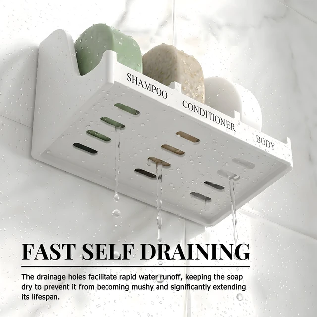 Alt view image 3 of 7 - Soap Holder for Shower Wall, 3-Compartment Soap Dish | For Shampoo, Conditioner and Body Soap, Fast Draining & Rust-Proof, Strong Adhesive for Long-Term Bathroom Use & Freestanding