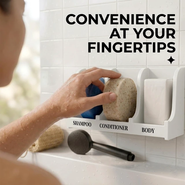 Alt view image 4 of 7 - Soap Holder for Shower Wall, 3-Compartment Soap Dish | For Shampoo, Conditioner and Body Soap, Fast Draining & Rust-Proof, Strong Adhesive for Long-Term Bathroom Use & Freestanding