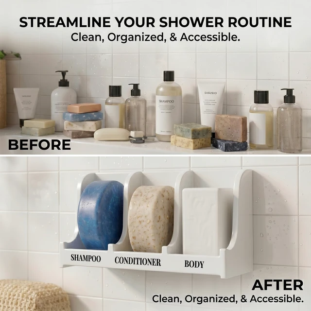 Alt view image 5 of 7 - Soap Holder for Shower Wall, 3-Compartment Soap Dish | For Shampoo, Conditioner and Body Soap, Fast Draining & Rust-Proof, Strong Adhesive for Long-Term Bathroom Use & Freestanding
