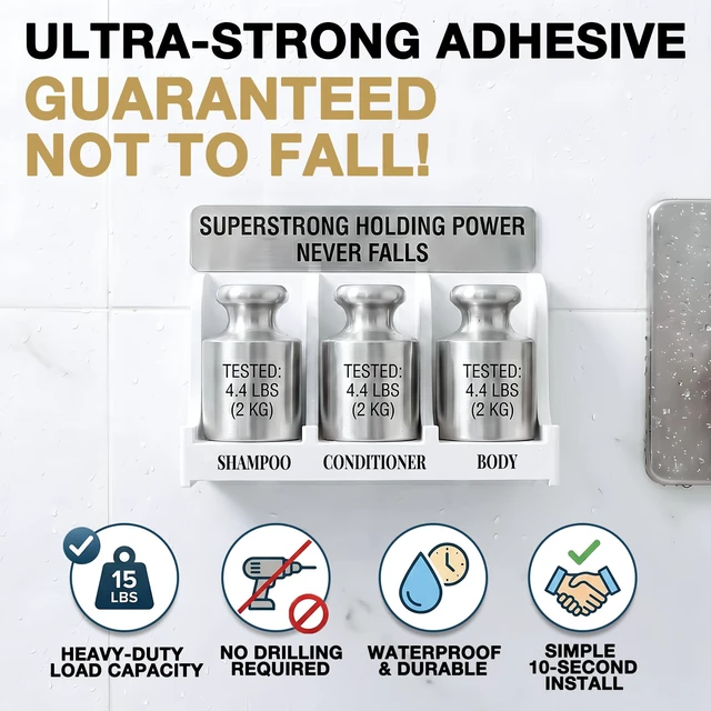 Alt view image 6 of 7 - Soap Holder for Shower Wall, 3-Compartment Soap Dish | For Shampoo, Conditioner and Body Soap, Fast Draining & Rust-Proof, Strong Adhesive for Long-Term Bathroom Use & Freestanding