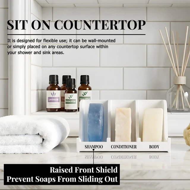 Alt view image 7 of 7 - Soap Holder for Shower Wall, 3-Compartment Soap Dish | For Shampoo, Conditioner and Body Soap, Fast Draining & Rust-Proof, Strong Adhesive for Long-Term Bathroom Use & Freestanding