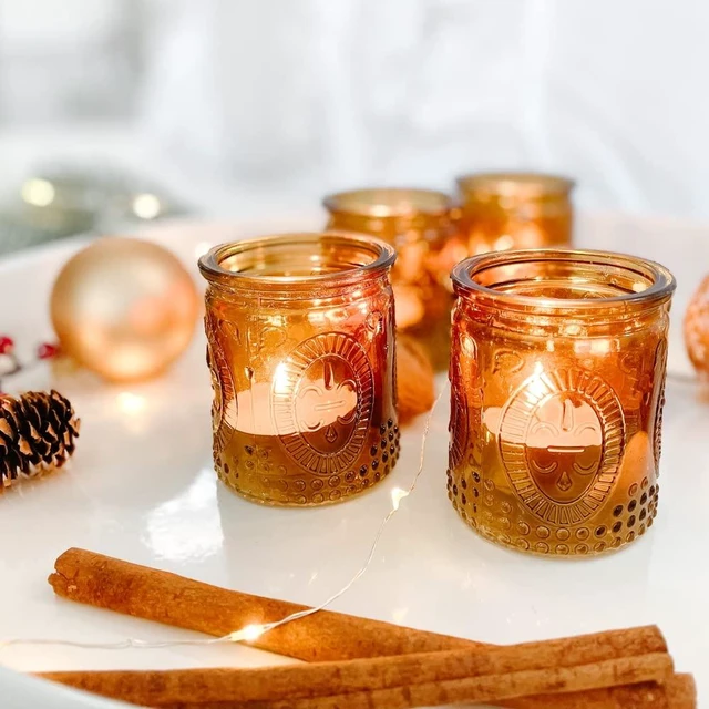 Main image of Vintage Amber Glass Tea Light Candle Holders Set of 4 - Votive Holders for Home Decor, Fall Table Decorations, Bathroom Candles, Kitchen Shelf Decor, and Wedding Centerpieces