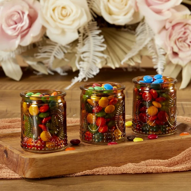 Alt view image 4 of 7 - Vintage Amber Glass Tea Light Candle Holders Set of 4 - Votive Holders for Home Decor, Fall Table Decorations, Bathroom Candles, Kitchen Shelf Decor, and Wedding Centerpieces
