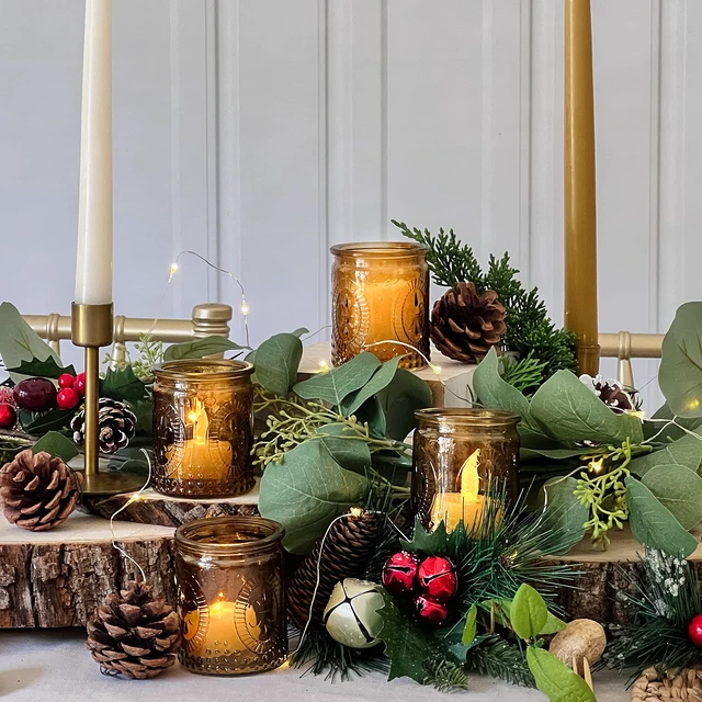 Alt view image 2 of 7 - Vintage Amber Glass Tea Light Candle Holders Set of 4 - Votive Holders for Home Decor, Fall Table Decorations, Bathroom Candles, Kitchen Shelf Decor, and Wedding Centerpieces