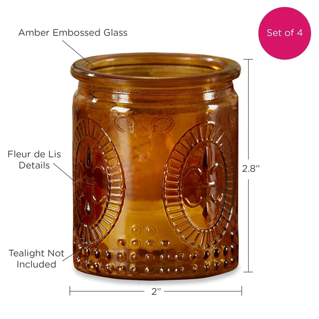Alt view image 7 of 7 - Vintage Amber Glass Tea Light Candle Holders Set of 4 - Votive Holders for Home Decor, Fall Table Decorations, Bathroom Candles, Kitchen Shelf Decor, and Wedding Centerpieces