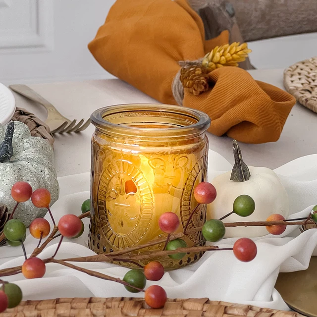 Alt view image 5 of 7 - Vintage Amber Glass Tea Light Candle Holders Set of 4 - Votive Holders for Home Decor, Fall Table Decorations, Bathroom Candles, Kitchen Shelf Decor, and Wedding Centerpieces