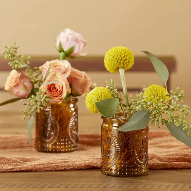 Alt view image 6 of 7 - Vintage Amber Glass Tea Light Candle Holders Set of 4 - Votive Holders for Home Decor, Fall Table Decorations, Bathroom Candles, Kitchen Shelf Decor, and Wedding Centerpieces
