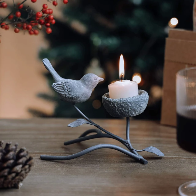 Alt view image 2 of 7 - Votive Candle Holders, Vintage Home Decor Centerpiece, Iron Branches, Resin Bird and Nest, Tabletop Decorative TeaLight Candle Stands,Creative Artwork (Grey Black)