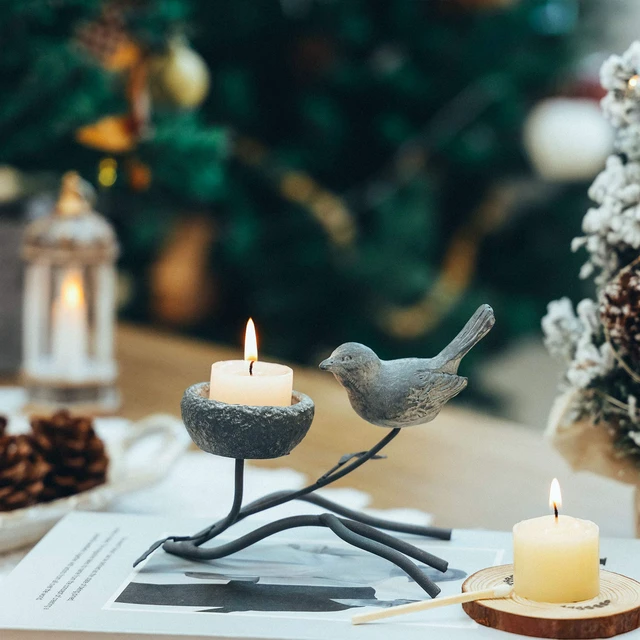 Alt view image 3 of 7 - Votive Candle Holders, Vintage Home Decor Centerpiece, Iron Branches, Resin Bird and Nest, Tabletop Decorative TeaLight Candle Stands,Creative Artwork (Grey Black)