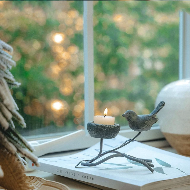 Alt view image 5 of 7 - Votive Candle Holders, Vintage Home Decor Centerpiece, Iron Branches, Resin Bird and Nest, Tabletop Decorative TeaLight Candle Stands,Creative Artwork (Grey Black)