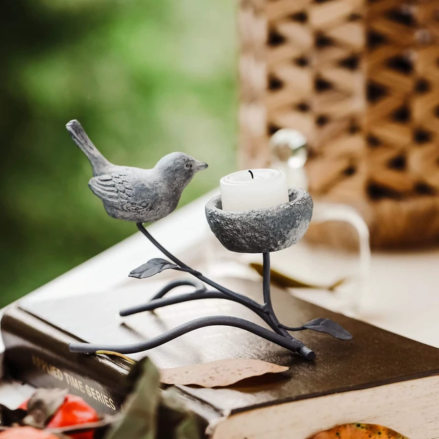 Alt view image 6 of 7 - Votive Candle Holders, Vintage Home Decor Centerpiece, Iron Branches, Resin Bird and Nest, Tabletop Decorative TeaLight Candle Stands,Creative Artwork (Grey Black)