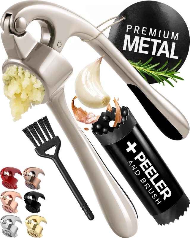 Main image of Premium Garlic Press Set - Rust Proof Professional Garlic Mincer Tool - Easy-Squeeze, Easy-Clean with Soft, Ergonomic Handle - Silicone Garlic Peeler & Brush (Silver)