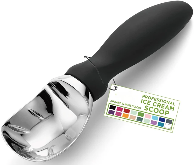 Main image of Heavy Duty Metal Ice Cream Scoop with Soft Grip Handle, Black | Professional Ice Cream Scooper for Kitchen, Dishwasher Safe Ice Cream Spoon for Gelato, Sorbet, Cookie Dough, Sundae, Melon