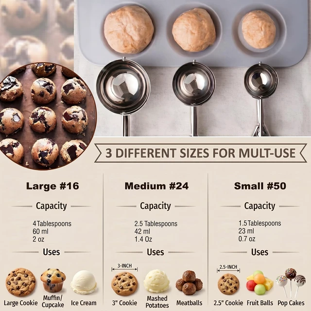 Alt view image 5 of 7 - Ice Cream Scoop, 3Pcs Cookie Scoop Set, Stainless Steel Ice Cream Scooper with Trigger Release, Large/Medium/Small Cookie Scooper for Baking, Cookie Scoops for Baking Set of 3 with Cookie Dough Scoop