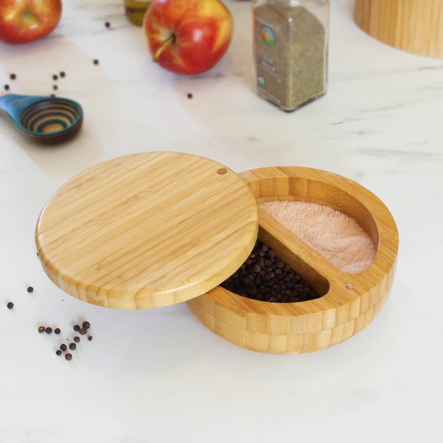 Alt view image 7 of 7 - Salt Keeper Duet, 2-Compartment Salt and Pepper Container | Salt and pepper bowls keep favorite seasonings within easy reach. Bamboo salt cellar has swivel lid and 8 oz capacity.