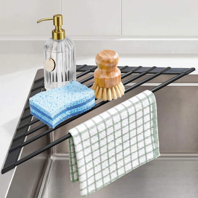 Main image of Corner Sink Caddy, Sponge Holder for Kitchen Sink Organizer - Silicone Wrapped Steel Anti Slip Rust Triangle Over the Sink Roll-UP Dish Drying Rack for Sink Corner Kitchen Sink Accessories