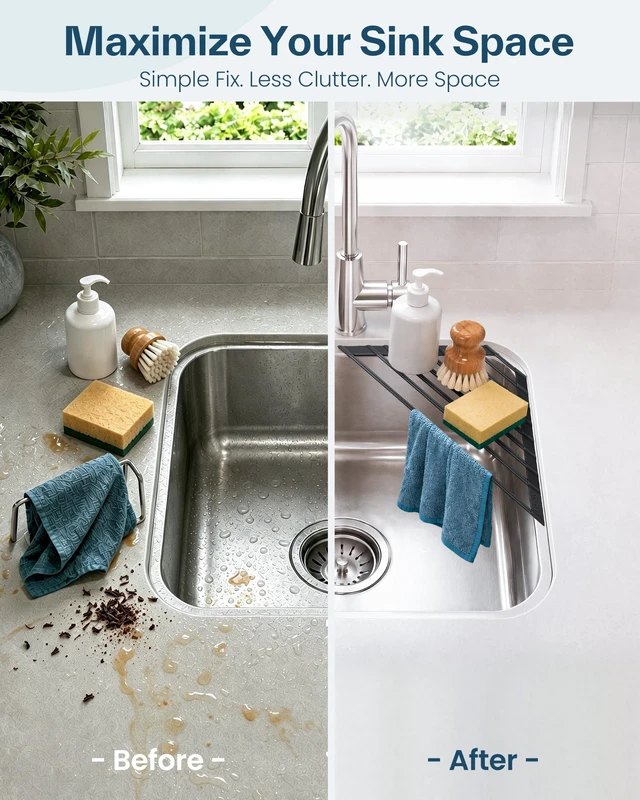Alt view image 2 of 7 - Corner Sink Caddy, Sponge Holder for Kitchen Sink Organizer - Silicone Wrapped Steel Anti Slip Rust Triangle Over the Sink Roll-UP Dish Drying Rack for Sink Corner Kitchen Sink Accessories