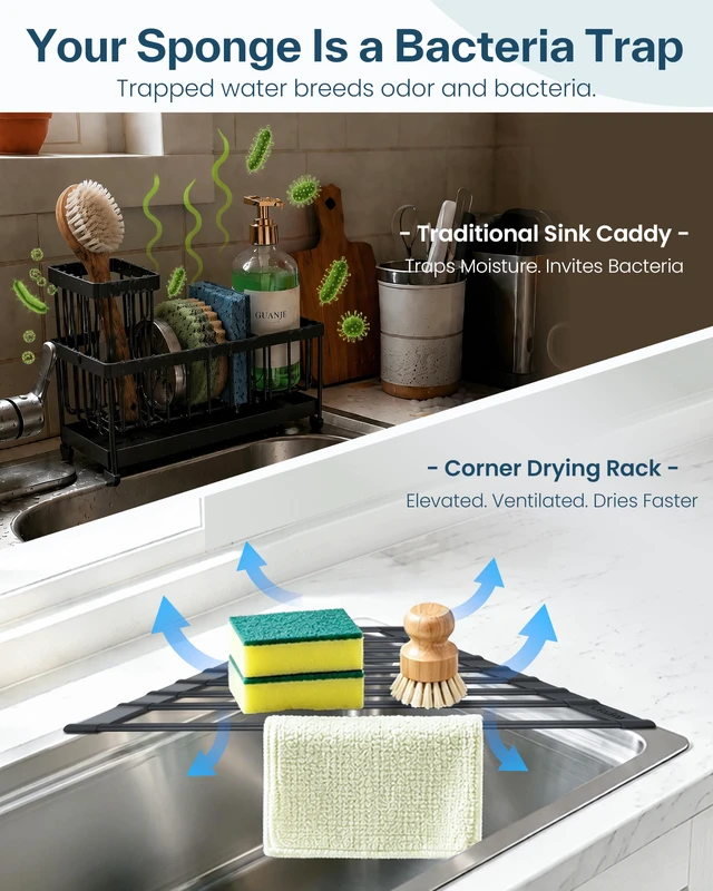Alt view image 3 of 7 - Corner Sink Caddy, Sponge Holder for Kitchen Sink Organizer - Silicone Wrapped Steel Anti Slip Rust Triangle Over the Sink Roll-UP Dish Drying Rack for Sink Corner Kitchen Sink Accessories